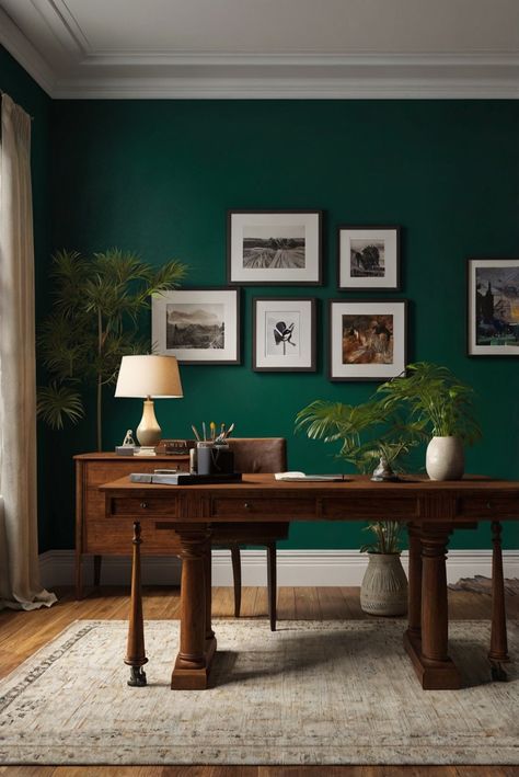 home decor interior design, interior bedroom design, kitchen designs, living room interior Green And Brown Office Decor, Olive Green Home Office, Home Office Paint Colors 2024, Green Wall Office, Interior Paint Schemes, Office Paint Colors, Vintage Office Decor, Cozy Home Office, Green Office