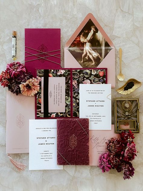 Getting Married on Valentine's Day? Here Are 29 Adorable Ideas to Copy Jewel Tone Wedding Invitations, Destination Wedding Italy, Jewel Tone Wedding, Wedding In Italy, The Seven Deadly Sins, Jewel Wedding, Valentines Day Weddings, Wedding Mood Board, Burgundy Wedding