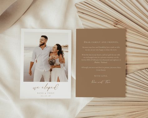 Boho Beige Elopement Announcement Template, We Eloped Card, Wedding announcement card, Minimalist Elopement Card with Photo | EMY We Eloped Announcement, Minimalist Elopement, Wedding Bar Menu Sign, We Eloped, Elopement Party, Wedding Announcement Cards, Card With Photo, Elopement Announcement, Bar Menu Wedding