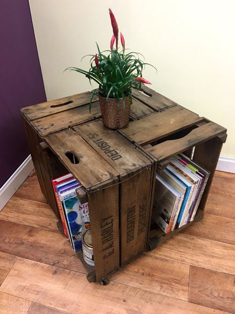 Crate table and storage by TheFunkitureFarm on Etsy Crate Coffee Table Diy, Crate Shelves Bedroom, Farmhouse Coffee Table Ideas, Apple Crate Shelves, Farmhouse Sofa Table, Rum Inspo, Apple Crate, Crate Coffee Table, Coffee Table Ideas