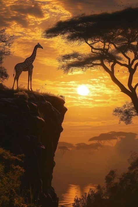 Giraffe In Savannah, Safari Landscape, African Wildlife Photography, Africa Sunset, African Photography, Nature Peaceful, Africa Nature, African Sunset, Silhouette Photography