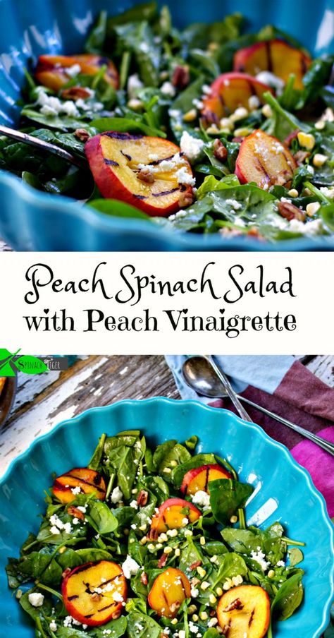 Grilled Peach Spinach Salad with Peach Vinaigrette Salad With Blueberries, Salad With Spinach, Amazing Salads, Grilled Peach Salad, Maple Vinaigrette, Primal Blueprint, Green Salads, Dried Peaches, Spinach Salad Recipes