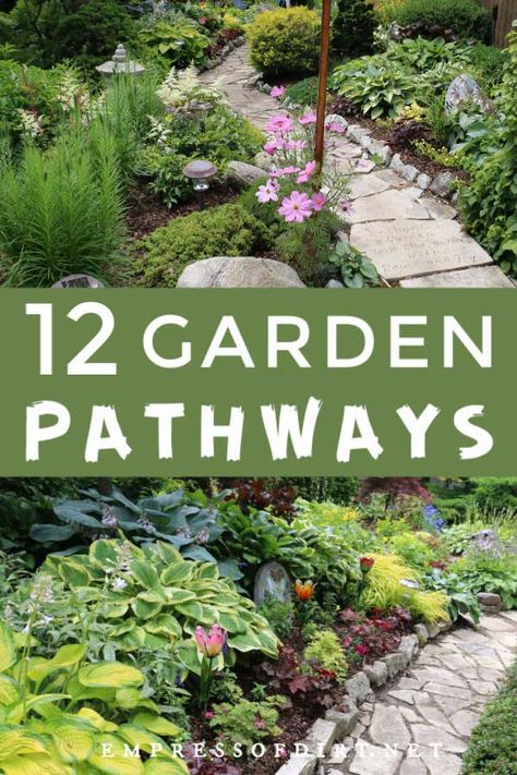 Examples of creative pathways in home gardens using flagstones and paving stones. Cottage Garden Paths Walkways, Flagstone Patio Ideas On A Budget, Simple Stepping Stone Path, Cottage Garden Paths, Natural Stepping Stone Pathway, Garden Path Ideas Stepping Stones And Gravel, Creative Pathways, Stone Path With Moss, Stepping Stone Ideas