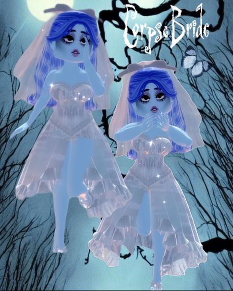 Roblox Royal High / Royaloween outfit inspo Corpse Bride Royale High, Corpse Bride Tim Burton, High Journal, Island Outfits, Royals High, Royale High Journal Ideas, Sunset Island, Outfit Hacks, Bride Ideas