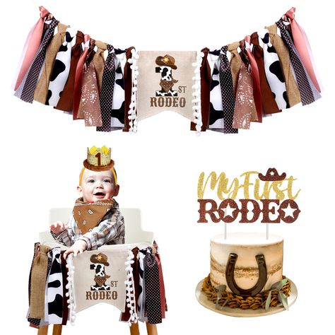 PRICES MAY VARY. Cowboy 1st Birthday Decorations: You will receive 1 1st RODEO high chair banner, 1 my first RODEO cake topper and cowboy 1st crown hat. Celebrate the first birthday of your baby with our cowboy 1st birthday party decorations and make it memorable and meaningful. Pre-strung Cowboy High Chair Banner: The banner is made of premium fabric, including linen, cloth strips and white pom pom decorations. It is clearly printed with letters "1st RODEO" letters on the banner and cowboy them My First Rodeo Cake Topper, Rodeo High Chair Banner, First Rodeo Birthday Theme, 1st Rodeo Birthday Party Boy, Western Themed Birthday Party, Rodeo 1st Birthday, Rodeo Cake, Cowboy Hat Pattern, Cowboy First Birthday