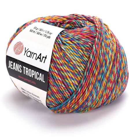 PRICES MAY VARY. Content: 55% Cotton – 45% PAC (Poliacrylic) Weight: 50 g (1.76 Oz) Lenght: 160 m (174 yds) YarnArt Jeans Tropical is one of the most preferred yarn by all crafters with its wide range of colors which offers pastel and vivid colors together Jeans Tropical has a smooth structure so you can knit perfect summer products. YarnArt Jeans Tropical Yarn Content: 55% Cotton – 45% PAC (Poliacrylic) Weight: 50 g (1.76 Oz) Lenght: 160 m (174 yds) Recommended needles: 3.5 mm (US 4) Recommende Cotton Yarn Knitting, Crochet With Cotton Yarn, Yarn Knitting, Variegated Yarn, Blanket Yarn, Fine Yarn, Baby Yarn, Yarn Shop, Yarn Art