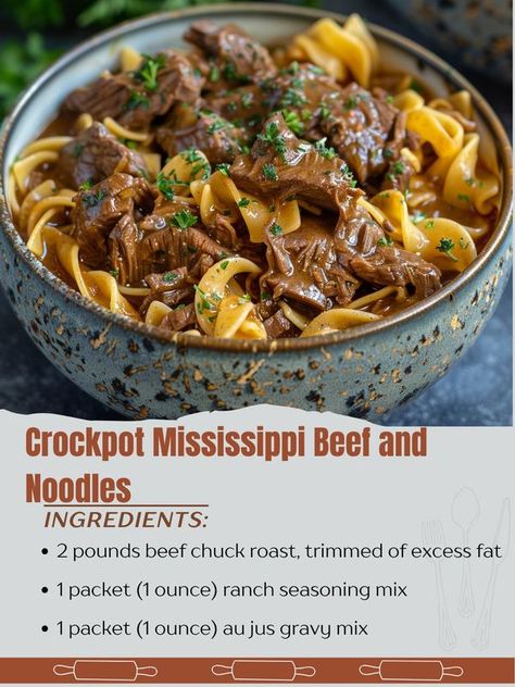 Heavenly Recipes Hub | Crockpot Mississippi Beef and Noodles | Facebook Mississippi Beef And Noodles, Mississippi Beef, Noodles Crockpot, Beef And Noodles Crockpot, Au Jus Gravy, Ranch Seasoning Mix, Mississippi Pot Roast, Beef Chuck Roast, Slow Cooked Beef