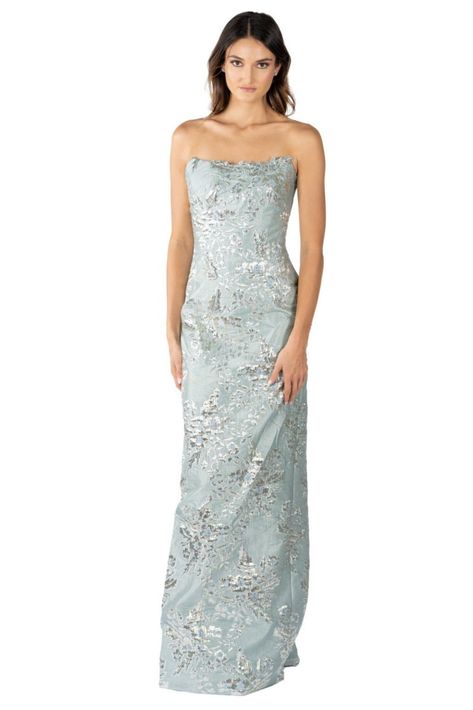 Strapless Brocade Gown - Rene Ruiz Collection Brocade Evening Dress, Brocade Gown, Mother Of Groom Dresses, Groom Dresses, Column Gown, Strapless Gown, 3d Texture, Brocade Fabric, Women Helping Women