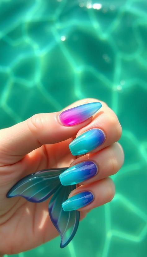 Paint mermaid tail scales using blue and green jelly polishes. #MermaidTailNails #FantasyNails Paint Mermaid Tail, Mermaid Tail Nails, Paint Mermaid, Green Jelly, Fantasy Nails, Nail Arts, Mermaid Tail, Blue And Green, Scales