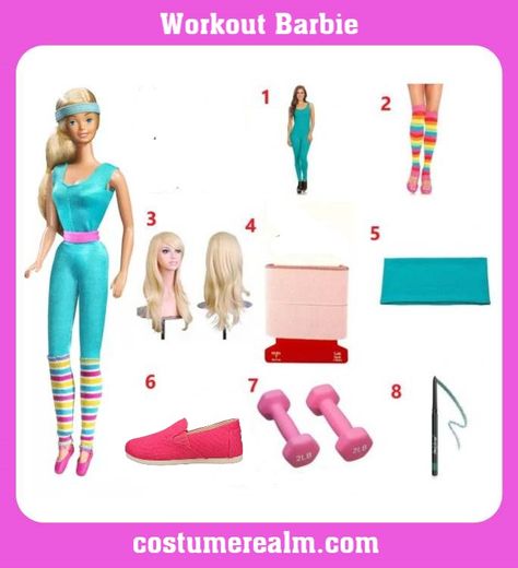 Workout Barbie Costume Workout Barbie Costume, Barbie Workout, Workout 2023, Workout Costume, Workout Barbie, Light Pink Lipstick, Original Barbie Doll, 80s Workout, Long Blonde Wig