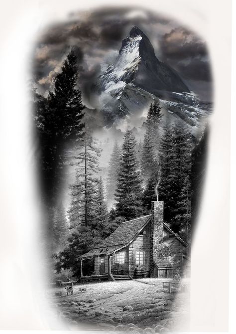 Woods Theme Tattoo, Cabin In Woods Tattoo, Mountain Cabin Tattoo, Nature Tattoos Forearm, Tattoo Forest Arm, Cabin In The Woods Tattoo, Landscape Tattoo Design, Forest Tattoo Design, Cabin Tattoo