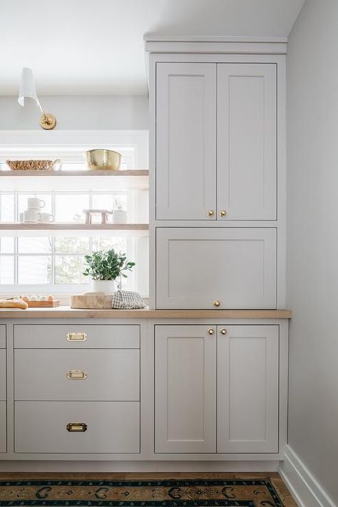 Shelves In Front Of Kitchen Window, Greige Kitchen, Kitchen Window Design, Light Grey Kitchens, Kate Marker Interiors, Light Gray Cabinets, Style Pantry, Morning Room, Grey Cabinets