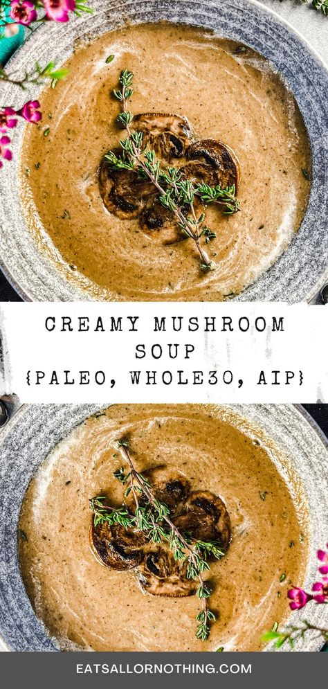 Diet restrictions do not have to feel restricting, especially on days you need comfort food. This homemade Creamy Mushroom Soup is nondairy, Paleo, Whole30, and AIP-approved. It is gluten-free, lactose-free, grain-free, rich in antioxidants, earthy, and hearty. Soup Paleo, Mushroom Soup Recipe, Mushroom Varieties, Creamy Mushroom Soup, Diet Restrictions, Anti Oxidant Foods, Mushroom Soup Recipes, Caesar Salad Recipe, Beef Bone Broth