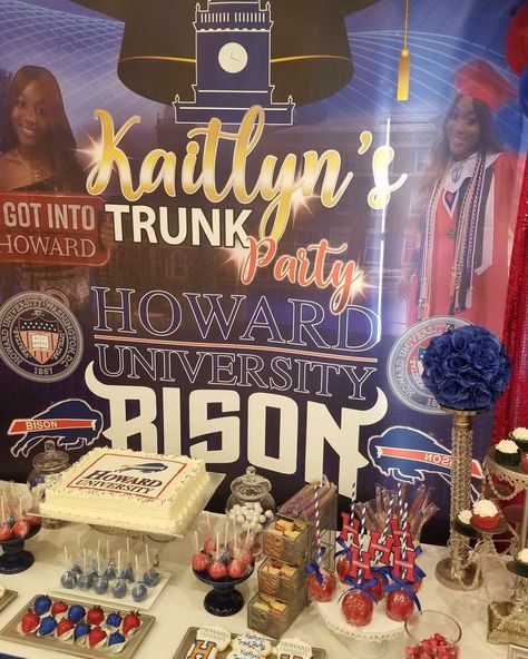 Kaitlyn's Howard University Trunk Party | CatchMyParty.com College Trunk Party Ideas, Trunk Party Ideas, Trunk Party Decorations, College Send Off Party Ideas, Mizzou Graduation Party, Trunk Party Ideas College, End Of School Party Ideas, College Announcements, College Bed