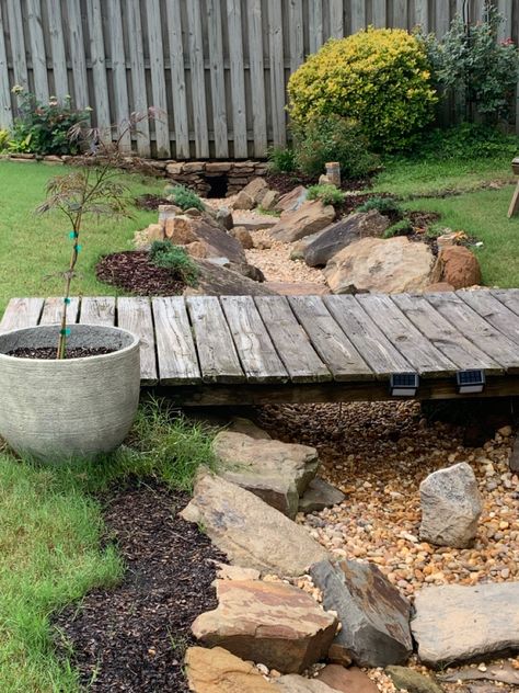 Creek Bridge Diy, Diy Backyard Creek, Backyard Creek Ideas, Large Side Yard Landscaping, Creek Bridge Ideas, Swale Landscaping Ideas, Small Garden Bridge Ideas, Garden Bridge Ideas, Garden Creek