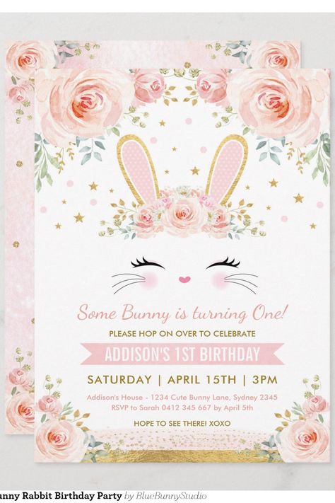 Cute Blush Floral Bunny Rabbit Birthday Party Invitation Bunny Birthday Party Invitations, Bunny Wedding Invitation, Some Bunny Is One Birthday Invitation, Rabbit Invitation Template, Rabbit Birthday Party, Cute Blush, Bunny Invitations, Rabbit Birthday, Blue Bunny