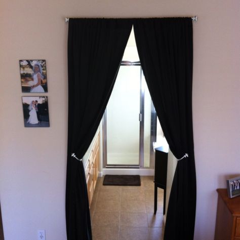 Not having a door to separate the master bedroom from the bathroom wasn't working. Created our own. Curtains can be closed for shower privacy and to keep the light out if your spouse's eyes while they snooze. Life saver. Hallway Privacy Ideas, Hallway Curtain Ideas, Open Doorway Ideas Privacy, Bathroom Door Curtain Ideas, Hallway Curtains, Laundry Room Curtains, Warehouse Living, Open Bathroom, Doorway Curtain