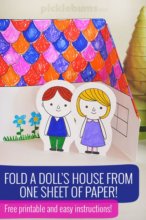 Fold a paper house from one sheet of paper with this free printable template and some easy instructions Paper Doll Family Free Printable, Build A House Crafts For Kids, Foldable House Template, Paper House My Family Craft Template, Teach Prepositions, Sewing Doll And House Template, Free Printable Paper Dolls, Cute Origami, Paper Doll House