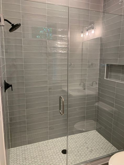 Grey Tile Shower Wall, Dove Gray Tile Bathroom, Grey Glass Tile Bathroom, Grey Tile Shower Bathroom, Gray White Shower Tile, Gray Vertical Tile Shower Ideas, Gray Bathroom Tile Ideas Wall, Grey Tile Walk In Shower Ideas, Grey Tile Showers