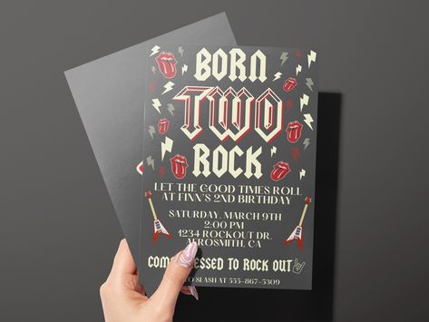 "This born two rock invitation is perfect for your rock-n-roll birthday party! This invite was based on the \"Another One Bites the Dust\" theme went viral on TikTok for first birthday themes, so I got inspired and decided to make an editable birthday invite to match! Comes with a front and back. If you are ready to rock out on your little one's second birthday, this invite is exactly what you're looking for!  This is an instant download, meaning you customize it yourself through Canva! If you a Born Two Rock Birthday Invitation, Rock N Roll Second Birthday, Rock And Roll Birthday Invitation, Rock And Roll Party Invitations, Rock And Roll Second Birthday, Rock And Roll 2nd Birthday, Rock N Roll 2nd Birthday Party, Ready 2 Rock Birthday Party, Born Two Rock Birthday Boy