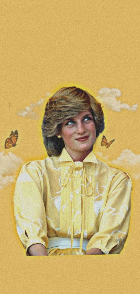 Yellow. Aesthetic. Cloud. Butterflies. Wallpaper. Princess Diana. Queen Diana Wallpaper, Princess Diana Painting, Lady Diana Wallpaper, Princess Diana Wallpaper, Princess Diana Aesthetic, Diana Wallpaper, Diana Aesthetic, Yellow Aesthetic Wallpaper, Queen Diana