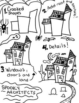 Easy step by step spooky house drawing. Good for a sub lesson plan. Spooky house or haunted house design. How to in 4 easy steps. Spooky House Drawing Easy, Drawings Of Haunted Houses, Spooky Haunted House Drawings, How To Draw Haunted House, Simple Haunted House Drawing, How To Draw A Haunted House, Haunted House Preschool, Haunted House Doodle, Easy Halloween Drawings Step By Step