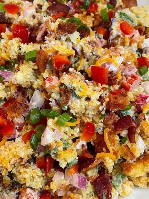 Appalachian Foods and Recipes | Southern Cornbread Salad with Bacon and Veggies | Facebook Southern Cornbread Salad, Appalachian Recipes, Cornbread Recipes, Chocolate Chip Walnut Cookies, Seafood Salad Pasta, Cornbread Salad, Recipes Southern, Southern Cornbread, Shredded Cheddar Cheese