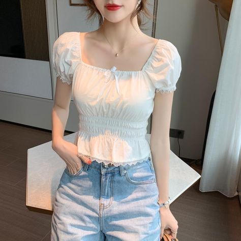 Short Puff Sleeve Square Collar Blouse Square Collar Top, Bubble Shirt, Office Women, Lace Trim Blouse, Short Puff Sleeve, Elegant Blouses, Casual Office, Puff Sleeve Blouse, Chiffon Shirt