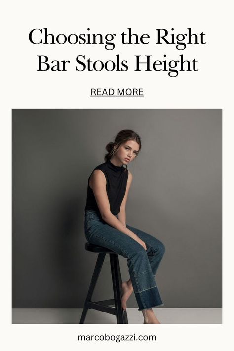 A woman sits barefoot on a sleek black bar stool against a minimalist gray background, illustrating the importance of selecting the correct bar stool height for comfort. Bar Stool Height, Custom Bar Stools, Unique Bar Stools, Bar Stool Seats, Designer Bar Stools, Stool Height, Bar Height Stools, Counter Height Table, Modern Bar Stools