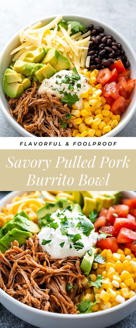 Image for Savory Pulled Pork Burrito Bowl Burrito Bowl Lunch Meal Prep, Easy Healthy Dinner Bowls, Pulled Pork Bowl Recipe, Burrito Bowl Ideas, Burittos Bowl Recipes, Pork Burrito Bowl, Lunch Bowl Ideas, Carnitas Burrito Bowl, Savory Pulled Pork