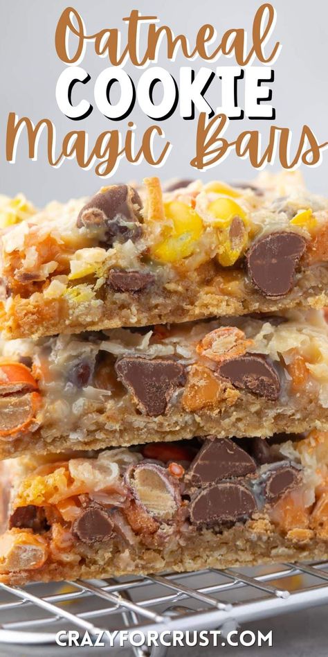 Oatmeal Cookie Magic Bars are a 7 layer bar with an oatmeal cookie crust! Use any toppings you like to make this amazing cookie bar recipe. Do Nothing Bars, 9 Layer Cookie Bar Recipe, Bar Cookies 9x13, Easy Bars Recipes, Bars With Oatmeal, Bars And Cookies, Layered Bars, Oatmeal Cookie Crust, Magic Bars Recipe