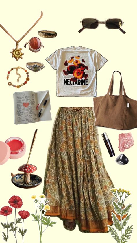 Long skirt tshirt rings jewelry earthy hippy natural incense essential oils mushrooms outfit inspiration clothes flowers journaling journal love sunglasses sun Basic Bohemian Outfits, Summer Outfits Whimsigoth, Modest Earthy Outfits Aesthetic, Practical Magic Style, 70s Outfits Aesthetic, Flower Child Style, Garden Outfit, Lover Outfit, Mode Hippie