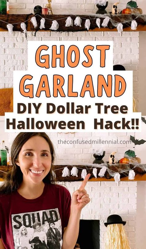 DIY Halloween Ghost Garland [Only $3 Dollar Tree Hack!!] - The Confused Millennial Ghost Garland Diy, Garland Hack, Halloween Ghost Garland, Halloween Ornament Wreath, Diy Halloween Ghosts, Dollar Tree Halloween Decor, Ghost Garland, 365 Jar, Diy Ghost