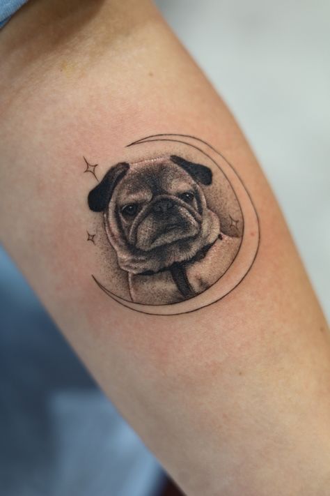 Black and grey tattoo of a pugg pet dog portriat #tattoo #portrait #sleevetattooideas #dog #microrealismtattoo Micro Realism Tattoo, Michigan Tattoos, Micro Realism, Pug Tattoo, Tattoo Portrait, Black And Grey Tattoo, Memorial Tattoos, Grey Tattoo, Realism Tattoo