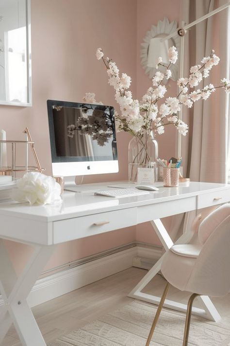 31+ Chic Home Office Ideas to Revamp Your Workspace Chic Home Office Ideas, Blush Pink Walls, Girly Office Space, Feminine Home Office Classy, Feminine Office Space, Girly Home Office, Feminine Office Decor, Pink Home Office, Chic Home Office