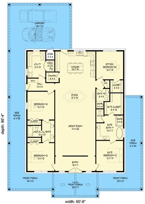 This barndominium-like house plan - designed with 2x6 exterior walls - gives you 3 or 4 beds, 3 baths and 2,393 square feet of heated living. An 8'-deep porch wraps around 3 sides of the home and gives you a combined 1,324 square feet of covered fresh air space to enjoy. In back, a 2-car carport provides 610 square feet of covered space for your vehicles and gear. Architectural Designs' primary focus is to make the process of finding and buying house plans more convenient for those interested in constructing new homes - single family and multi-family ones - as well as garages, pool houses and even sheds and backyard offices. Our website offers a vast collection of home designs, encompassing various architectural styles, sizes, and features, which can be customized to meet specific needs an 4 Bed Barndominium, Barndominium With Wrap Around Porch, Deep Porch, Cowboy Town, Barn Homes Floor Plans, Buying House, Craftsman Design, Pole Barn House Plans, Barn Style House Plans