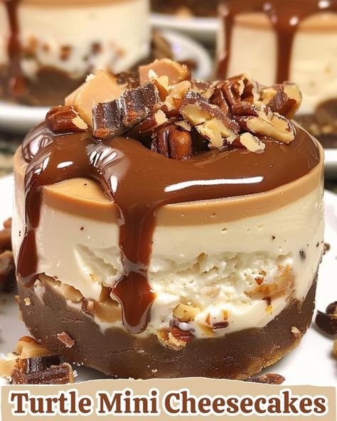 No Bake Mini Turtle Cheesecake, No Bake Turtle Mini Cheesecakes, Mini Turtle Cheesecakes, Philadelphia Cheesecake Recipe, Guava Desserts, Cheesecake Minis, Cake Apple, Turtle Cheesecake, Mini Cheesecake Recipes