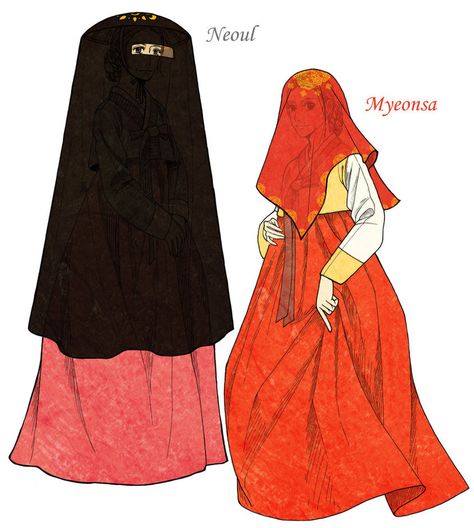 During the Joseon Dynasty, Women hid their face when they went outto keep distance from men.  These were the main over garments in early Joseon, before Jang-ot and Sseugae-chima were used.  Neoul is a kind of veil used with a low hat. It has a hole (or tulle) for eyes. (like an ample burka)  Myeonsa is similar in size and shape to a Chinese traditional bridal veil.  In the middle and late Joseon, Women preferred to use Jang-ot and Sseugae-chima. Chinese Hat With Veil, Joseon Dynasty, Married Women, Veiled Hats, Face Veil, Korean Traditional Dress, Korean Hanbok, Traditional Korean, Korean Traditional