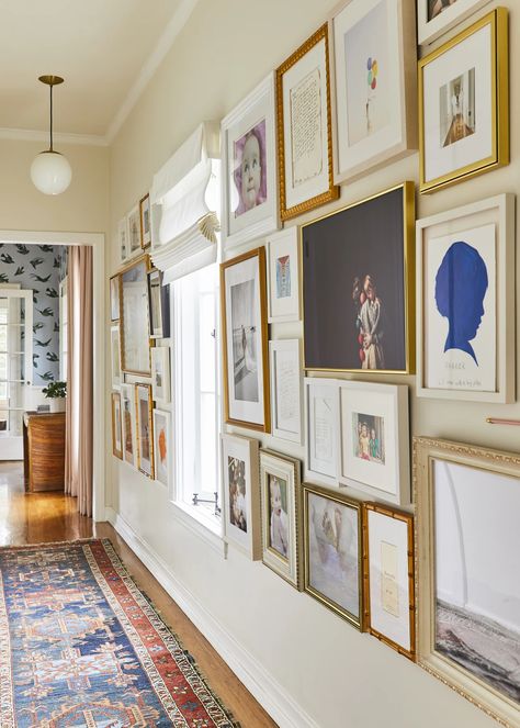 Dee Murphy's Home Tour Is Giving Us All Wallpaper Envy - Emily Henderson Dark Blue Paint Color, Hallway Gallery Wall, Hallway Wallpaper, Frame Collage, All Wallpaper, Pink Curtains, Emily Henderson, Dose Of Colors, Vintage Tile