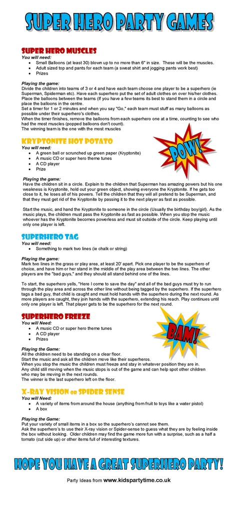 Superhero Camp, Superhero Party Games, Party Games Kids, Party Game Ideas, Superman Party, Super Hero Party, Marvel Party, Avenger Birthday Party, Super Hero Theme