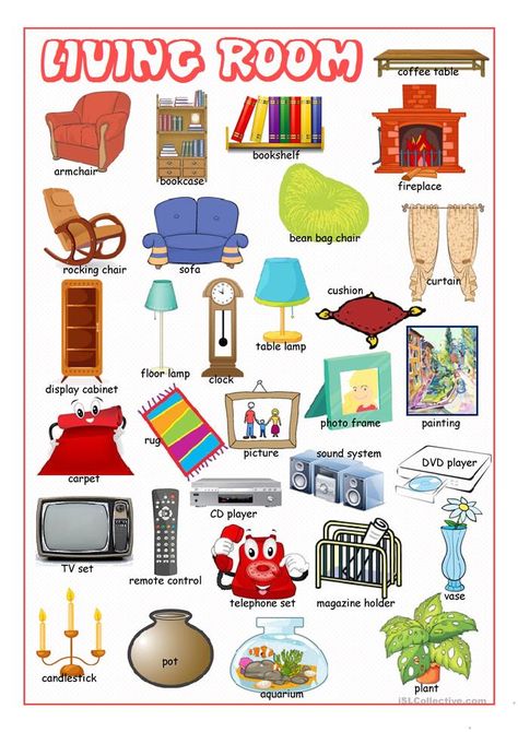 Living Room Picture Dictionary - English ESL Worksheets for distance learning and physical classrooms Learning English For Kids, Picture Dictionary, English Vocab, Kids English, English For Kids, English Language Teaching, English Lessons For Kids, English Activities, Learn English Vocabulary