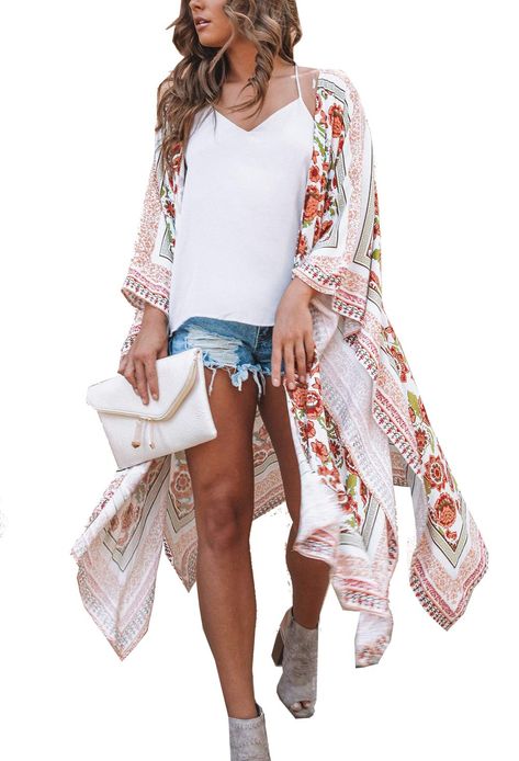 Long Floral Kimono, Kimono Beach Cover Up, Floral Kimono Cardigan, Loose Kimono, Sheer Chiffon Blouse, Kimono Beach, Chiffon Tops Blouses, Kimono Blouse, Chiffon Kimono