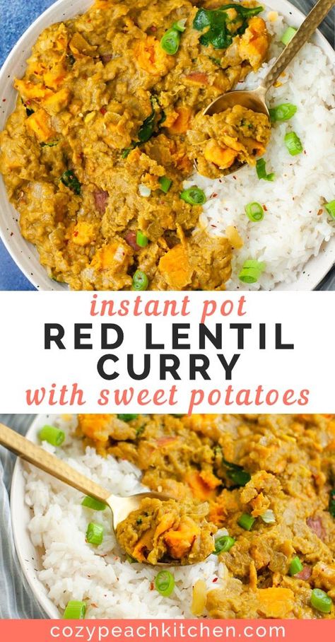 If you're looking for a flavorful plant-based dinner idea, look no further than this instant pot red lentil curry! This recipe is packed with healthy, inexpensive ingredients and is ready in just over 30 minutes. Quick And Easy Weeknight Dinners, Lentils Instant Pot, Red Lentil Curry, Red Lentil Recipes, Peach Kitchen, Vegan Instant Pot Recipes, Easy Vegan Dinner, Lentil Curry, Lentil Recipes