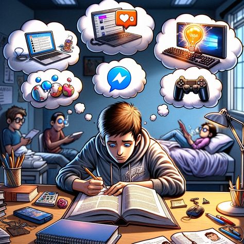 A cartoon image capturing a student sitting at a desk, deeply engrossed in study. The student's textbook and notes are spread out before them, highlighting their dedication. However, around the student's head, a series of thought bubbles appear, each illustrating different distractions. One bubble shows a vibrant social media notification symbol, buzzing with activity. Another depicts a gaming... Social Media Distraction, Social Media Cartoon, Study Cartoon, Confused Pictures, How To Improve Concentration, Study Vector, Prayer To St Joseph, St Joseph Of Cupertino, Whatsapp Funny Pictures