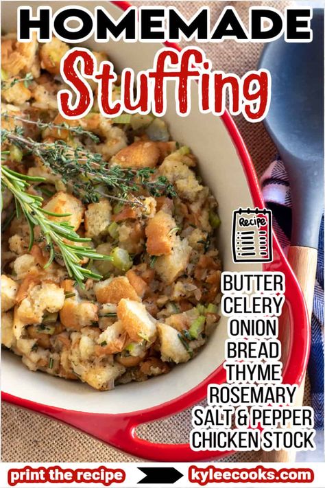 This super easy stuffing recipe combines bread, onions, celery, fresh herbs, and stock and is SUPER delicious! #stuffing #side #dressing #holiday #kyleecooks Best Bread For Stuffing, Traditional Stuffing Recipe, Homemade Stuffing Recipes, Classic Stuffing Recipe, Easy Stuffing Recipe, Sage Stuffing, Bread Dressing, Homemade Stuffing, Stuffing Recipes For Thanksgiving