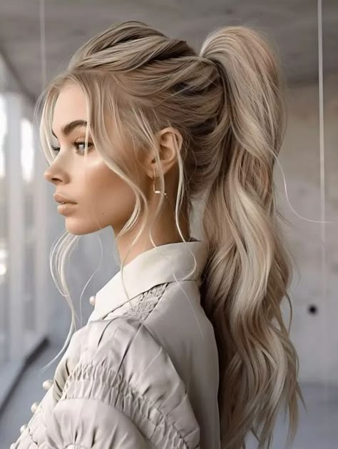 Volumous Ponytail Wedding, Wedding Style Ponytail, Sassy High Ponytail, Wedding Day Ponytail With Veil, High Elegant Ponytail, Elegant Work Hairstyles, Fun Bridesmaid Hair, Wedding Hairstyles High Ponytail, High Ponytail Hairstyles For Long Hair