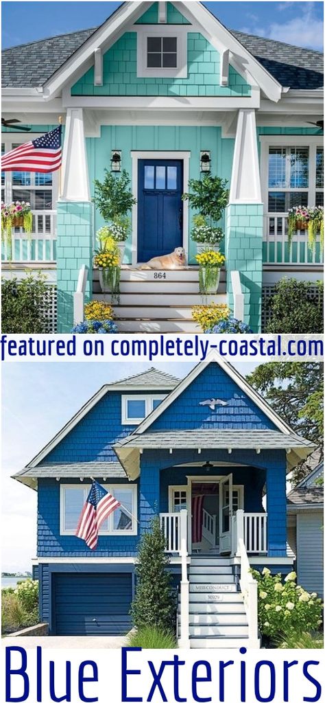 Play up the coastal vibe with these gorgeous colors for your home exterior. Shades of blue, including turquoise and pale sea green are the colors these houses are painted with. Featured on Completely Coastal. Get your house paint inspiration from this post! Includes link to a great house paint color guide! Beach House Pool Landscaping, Turquoise Exterior House Paint, Coastal Exterior House Colors, Beach House Exterior Paint Colors, Blue Home Exterior, Exterior Beach House, Outside House Paint, Teal House, Green Exterior House Colors