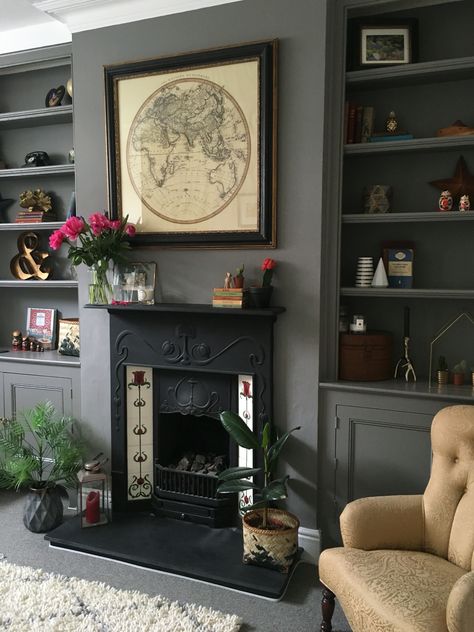 Farrow and Ball Moles Breath Grey Living Room Moles Breath, Farrow And Ball Living Room, Alcove Ideas Living Room, Above The Fireplace, Snug Room, Grey Living Room, Victorian Living Room, Living Room Built Ins, Dark Living Rooms