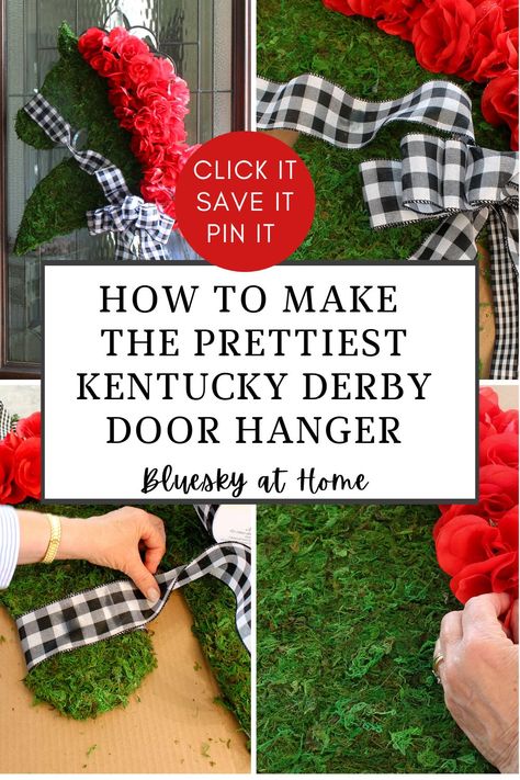 How to Make the Prettiest Kentucky Derby Door Hanger. Get the tutorial to make this DIY door hanger decoration for your Kentucky Derby party. This mossy and floral front door decoration will impress guests and welcome them to your festive party. Kentucky Derby Centerpieces, Kentucky Derby Horses, Veuve Clicquot Champagne, Kentucky Derby Party, Horse Race, Derby Party, Diy Centerpieces, Door Decoration, Diy Door