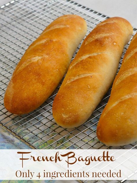 French Baguette                                                                                                                                                                                 Más Sandwich Baguette Recipe, Mini Baguette Recipe, Vegan Baguette Recipe, 4 Ingredient Baguette Recipe, Soft French Baguette Recipe, Homemade French Baguette Recipe, Quick Homemade Baguette, French Baggett Bread Recipe, Whole Wheat Baguette Recipe French